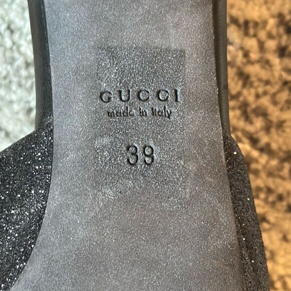GUCCI Black Glitter Stardust Nappa Charlotte Nero Open Toe Pumps Size 38/ US 8 - Picture 8 of 12